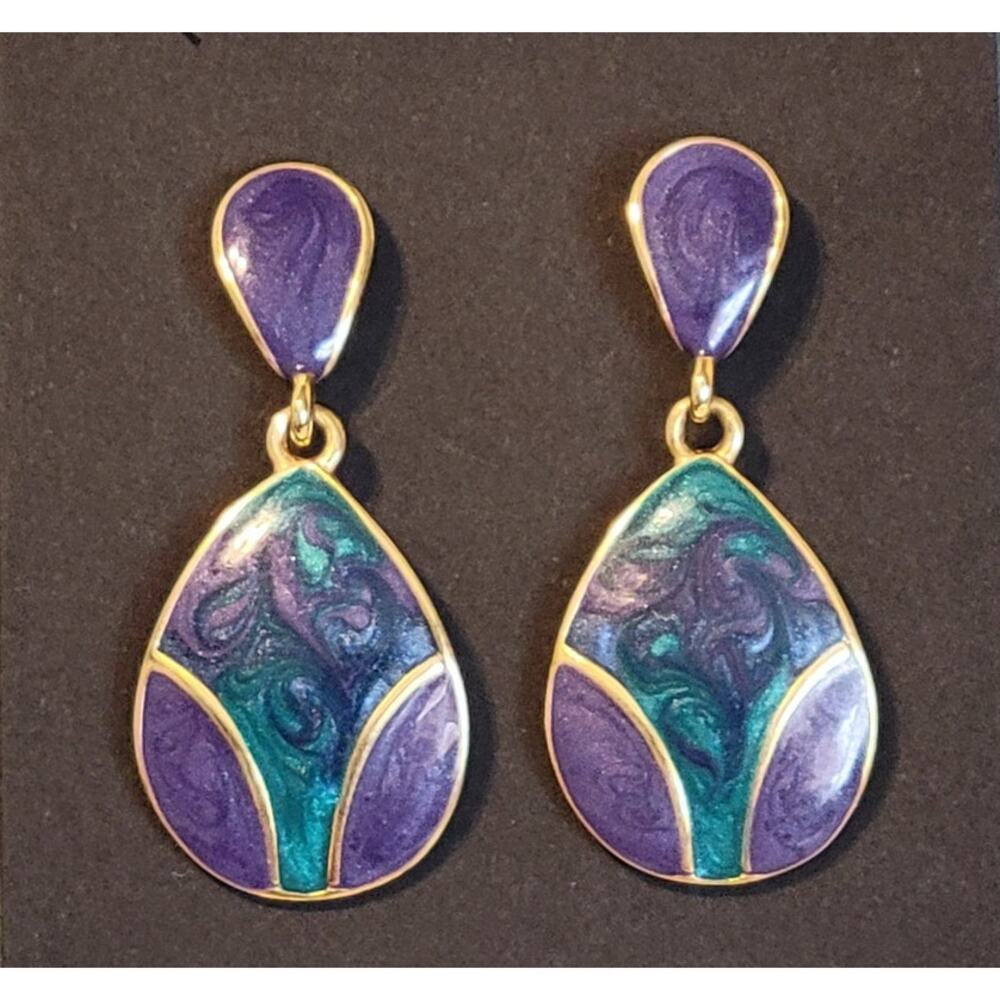 Vintage Enamel Drop Earrings Purple Teal Gold Tone Art Deco Style